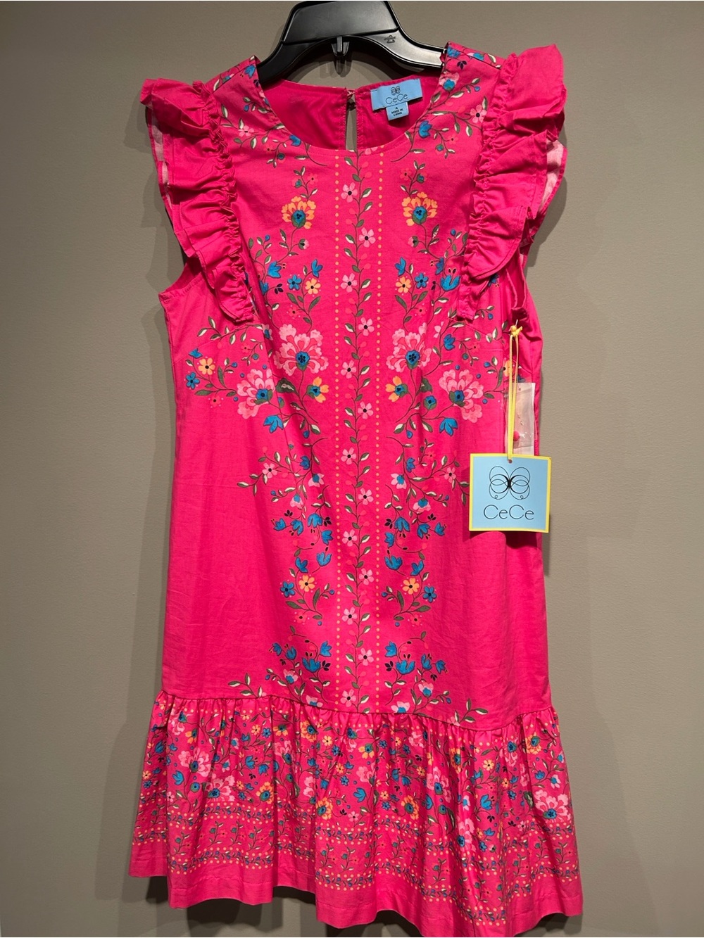 CeCe Bright Hot Pink Embroidered Ruffle Dress